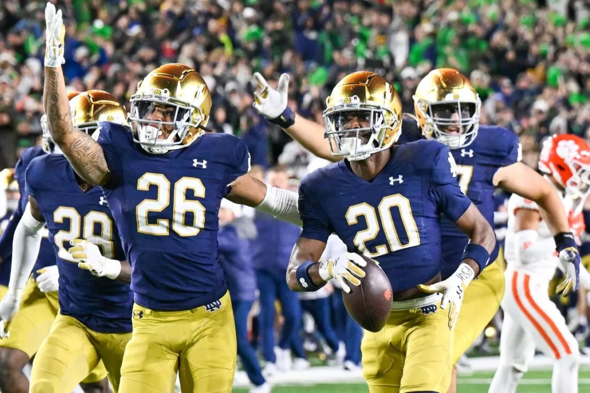 Notre Dame Fighting Irish cornerback Benjamin Morrison (20) celebrates after a third quarter interception against the Clemson Tigers at Notre Dame Stadium in South Bend, Ind., on Nov. 5, 2022. (Matt Cashore-USA TODAY Sports via Field Level Media)
