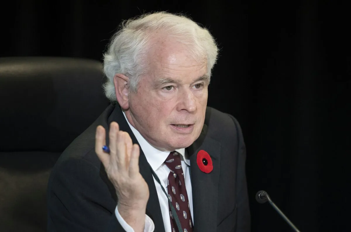 Commissioner Paul Rouleau responds to counsels’ requests during proceedings at the Public Order Emergency Commission in Ottawa on Nov. 1, 2022. (The Canadian Press/Adrian Wyld)
