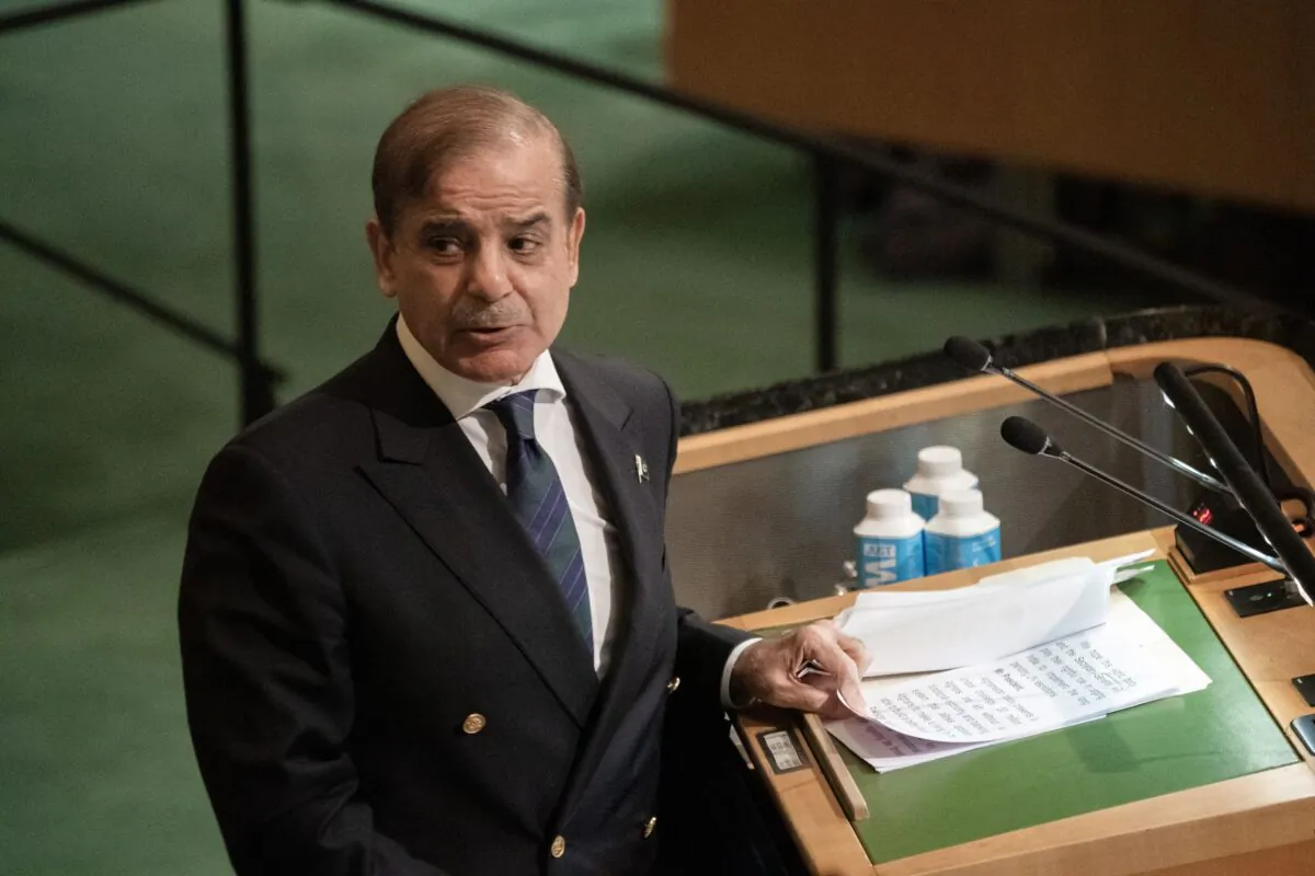 Pakistani Prime Minister Shehbaz Sharif addresses the 77th session of the United Nations General Assembly at U.N. headquarters in New York City on Sept. 23, 2022. (Bryan R. Smith/AFP via Getty Images)