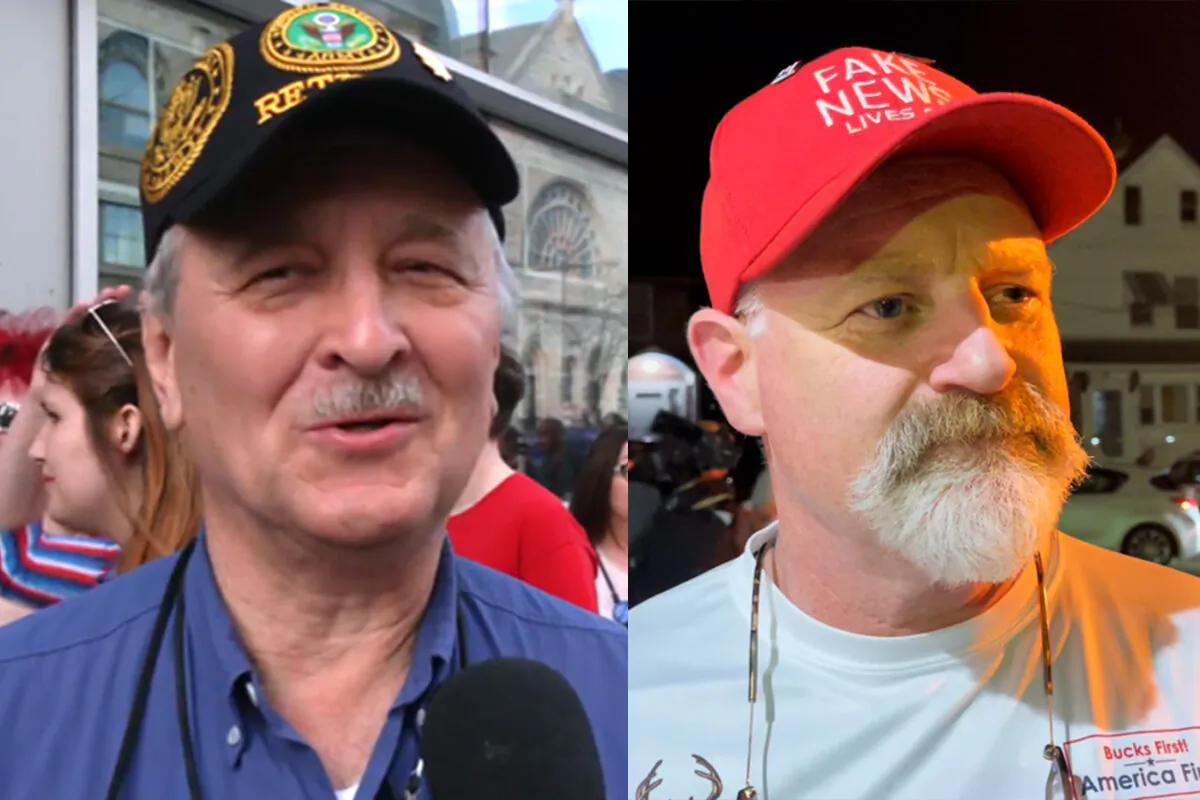 Hal Pschunder (Left) at a Democratic rally at the Liacouras Center in Philadelphia on Nov. 5, 2022 (Oliver Trey/The Epoch Times); Andy Meehan (Right) at a rally for Dr. Mehmet Oz in Bensalem, Pa., on Nov. 1, 2022. (Frank Liang/The Epoch Times)