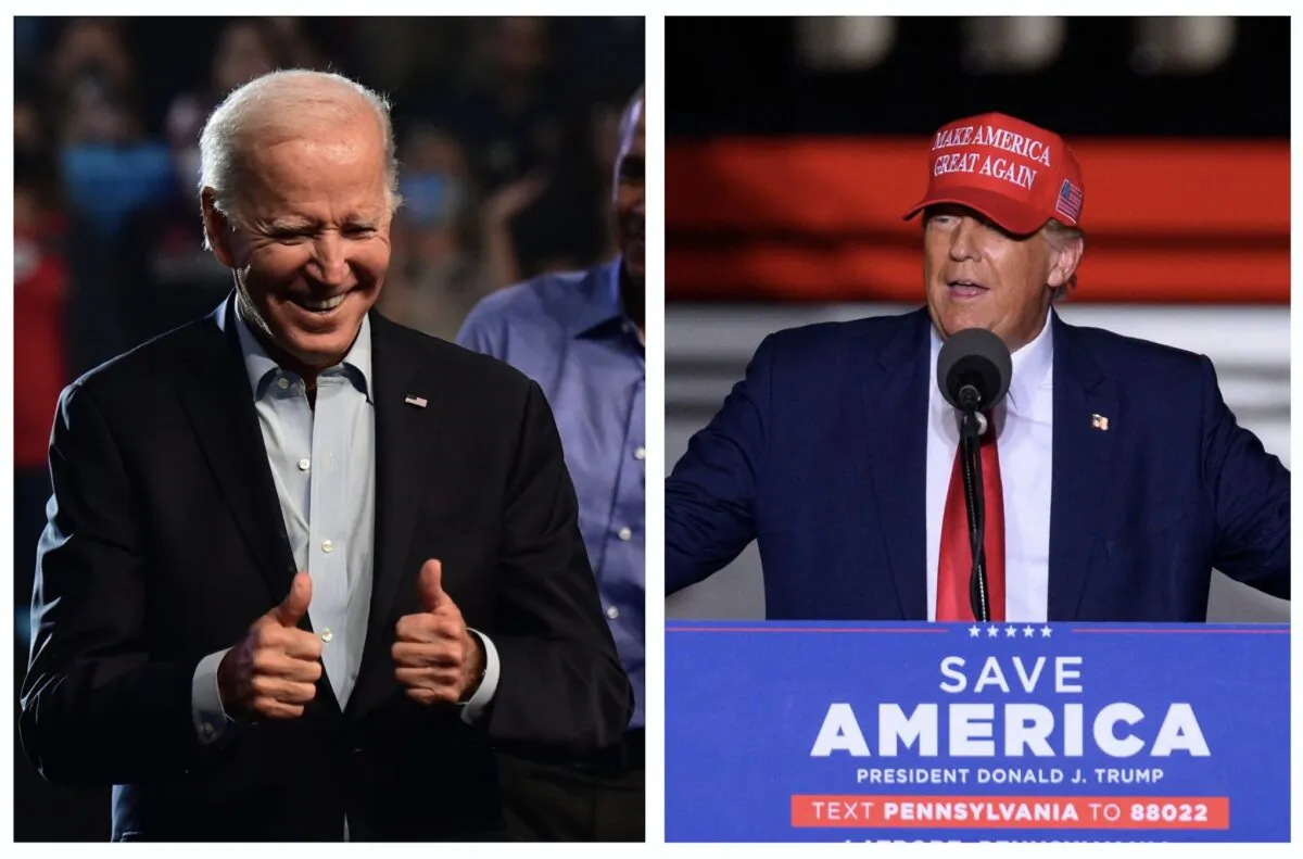 President Joe Biden (L) at a rally for John Fetterman and Josh Shapiro in Philadelphia on Nov. 5, 2022. (Mark Makela/Getty Images); Former President Donald Trump (R) at a rally for Mehmet Oz and Doug Mastriano in Latrobe, Pa., on Nov. 5, 2022. (Angela Weiss/AFP via Getty Images)