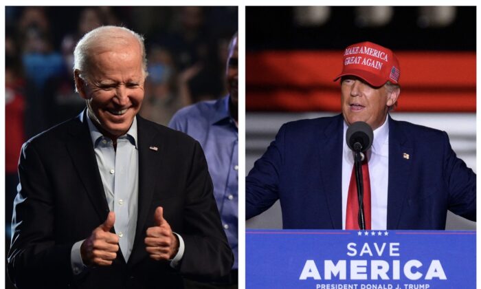 (Left) President Joe Biden at a rally for John Fetterman and Josh Shapiro in Philadelphia on Nov. 5, 2022. (Mark Makela/Getty Images); (Right) Former President Donald Trump at a rally for Mehmet Oz and Doug Mastriano in Latrobe, Pa., on Nov. 5, 2022. (Angela Weiss/AFP via Getty Images)