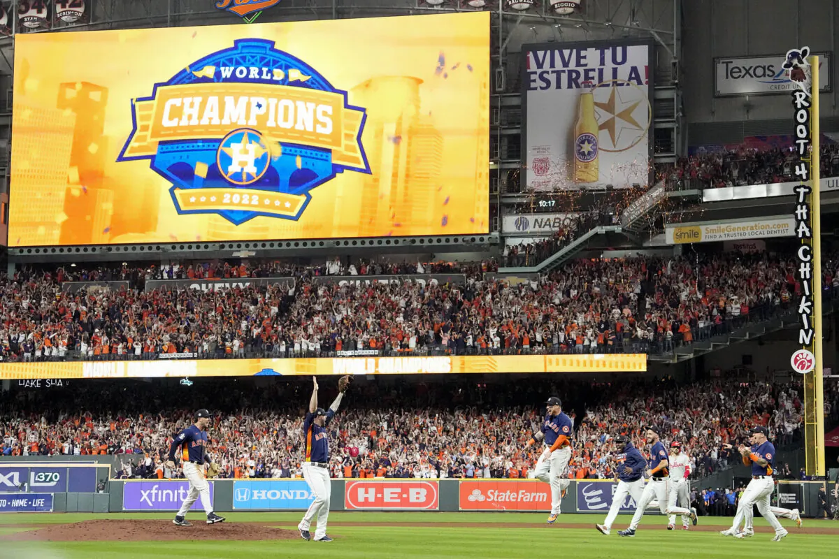 The Houston Astros celebrate their World Series win against the Philadelphia Phillies in Game 6 in Houston, on Nov. 05, 2022. (David J. Phillip/AP Photo)
