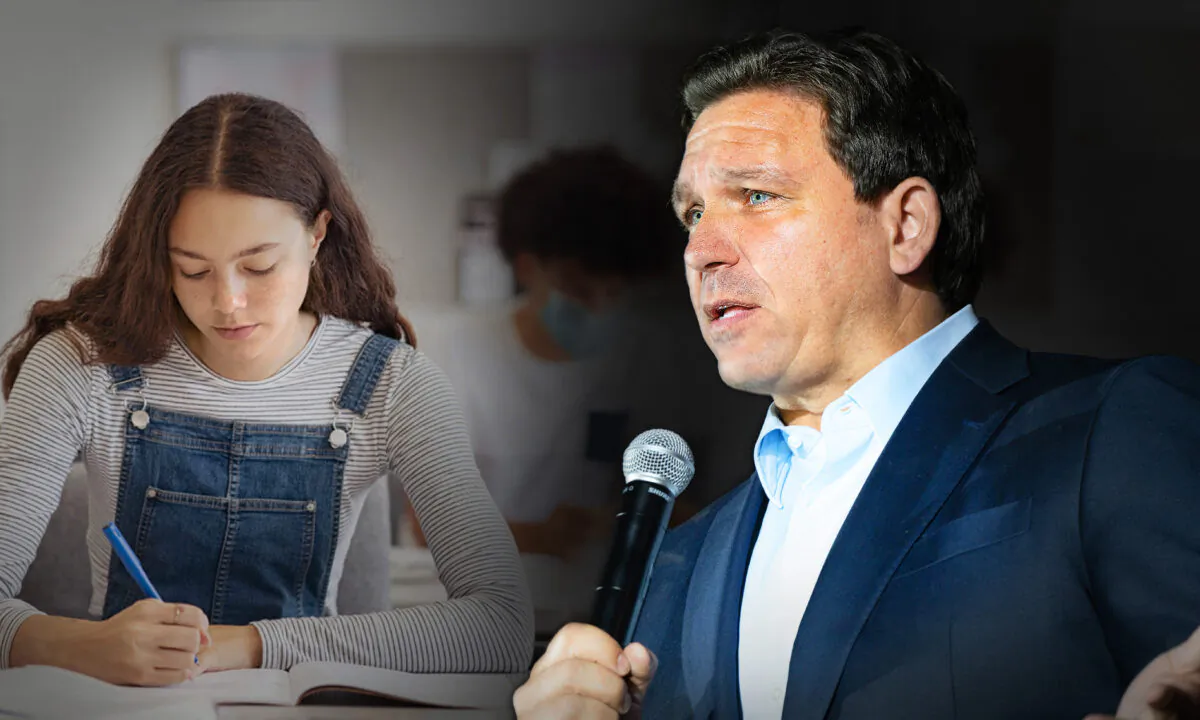 (Left) (Illustration - Rido/Shutterstock); (Right) Florida Governor Ron DeSantis at a Get Out The Vote Rally on Oct. 29, 2022 in Hauppauge, N.Y. (David Dee Delgado/Getty Images)