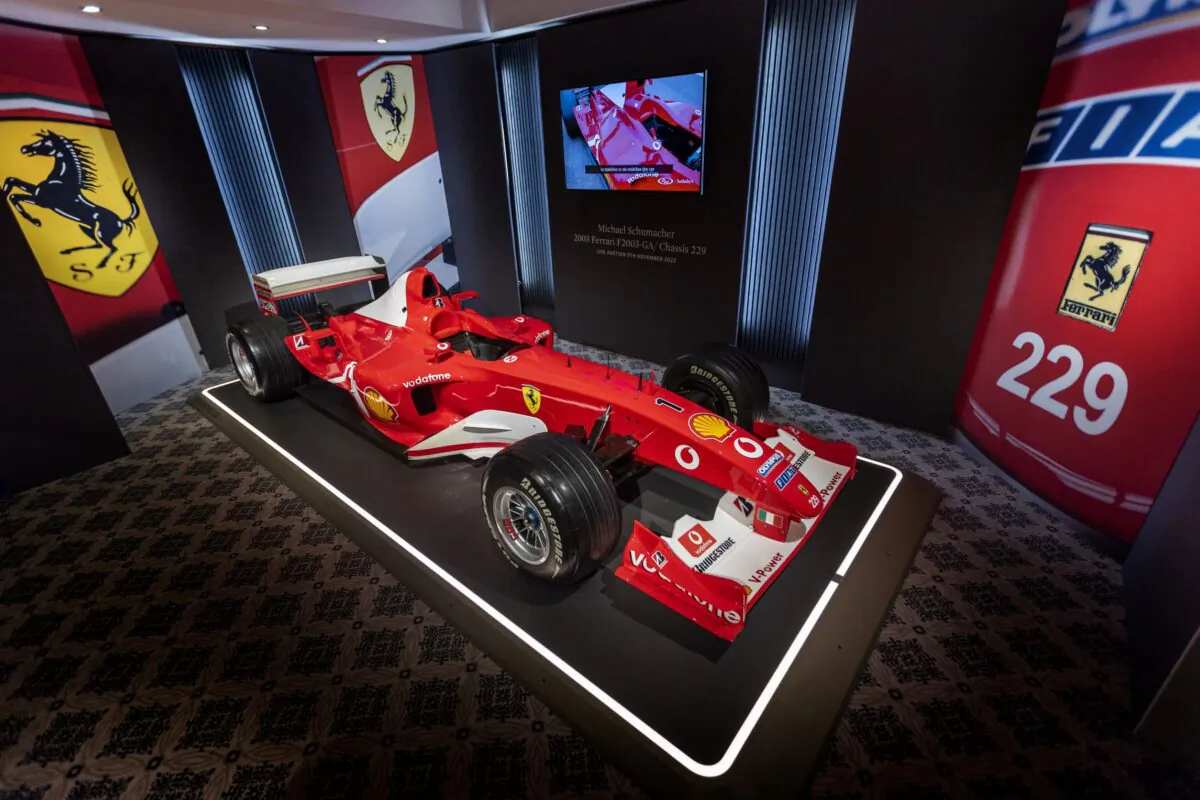 The Ferrari F2003 GA chassis number 229 with which Formula One F1 driver Michael Schumacher won his sixth World Championship title is seen during a preview at Sotheby's before the auction sale, in Geneva, Switzerland, on Nov. 4, 2022. (Denis Balibouse/Reuters)