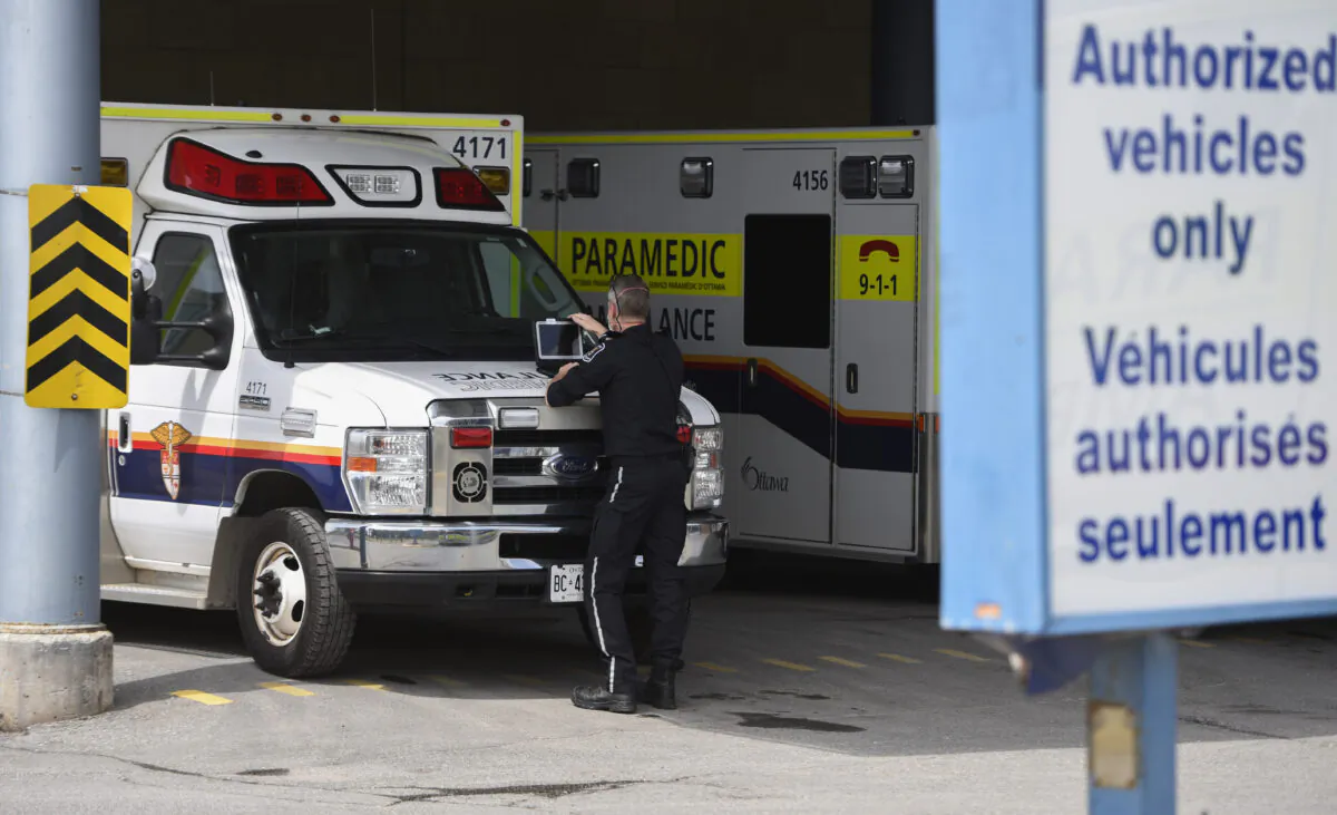 Ambulances parked outside of a hospital in Ottawa in a file photo. (The Canadian Press/Justin Tang)