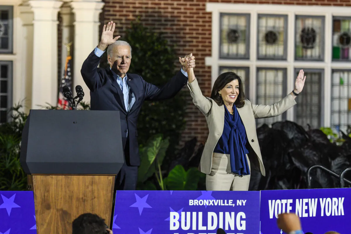 President Joe Biden speaks at a rally for New York incumbent Gov. Kathy Hochul and other state Democrats in Yonkers, New York, on Nov. 6, 2022. (Stephanie Keith/Getty Images)