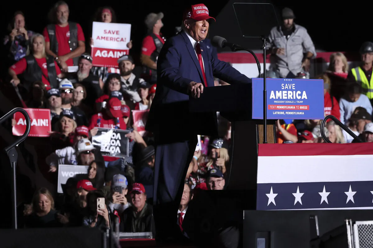 Former President Donald Trump speaks during a rally at the Arnold Palmer Regional Airport, in Latrobe, Pa., on Nov. 5, 2022. Trump campaigned at the rally for Pennsylvania Republican candidates ahead of the midterm elections. (Win McNamee/Getty Images)