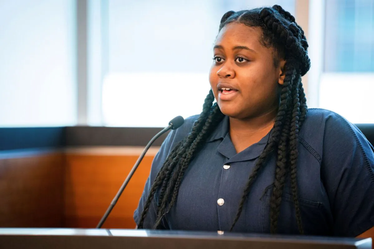 Pieper Lewis gives her allocution during a sentencing hearing in Des Moines, Iowa, on Sept. 13, 2022. (Zach Boyden-Holmes/The Des Moines Register via AP)