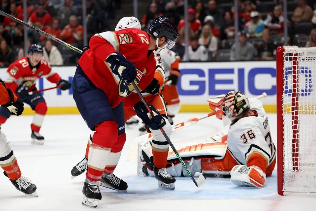 Florida Panthers center Eric Staal (12) attempts a shot against Anaheim Ducks goaltender John Gibson (36) during the first period at Honda Center in Anaheim, Calif., on Nov. 6, 2022. (Kiyoshi Mio/USA TODAY Sports via Field Level Media).