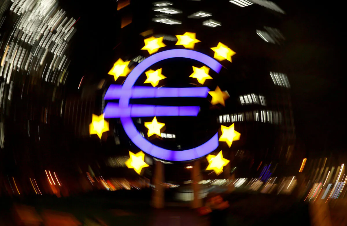 The euro sign in front of the former headquarters of the European Central Bank in Frankfurt, Germany, on April 9, 2019. (Kai Pfaffenbach/Reuters)