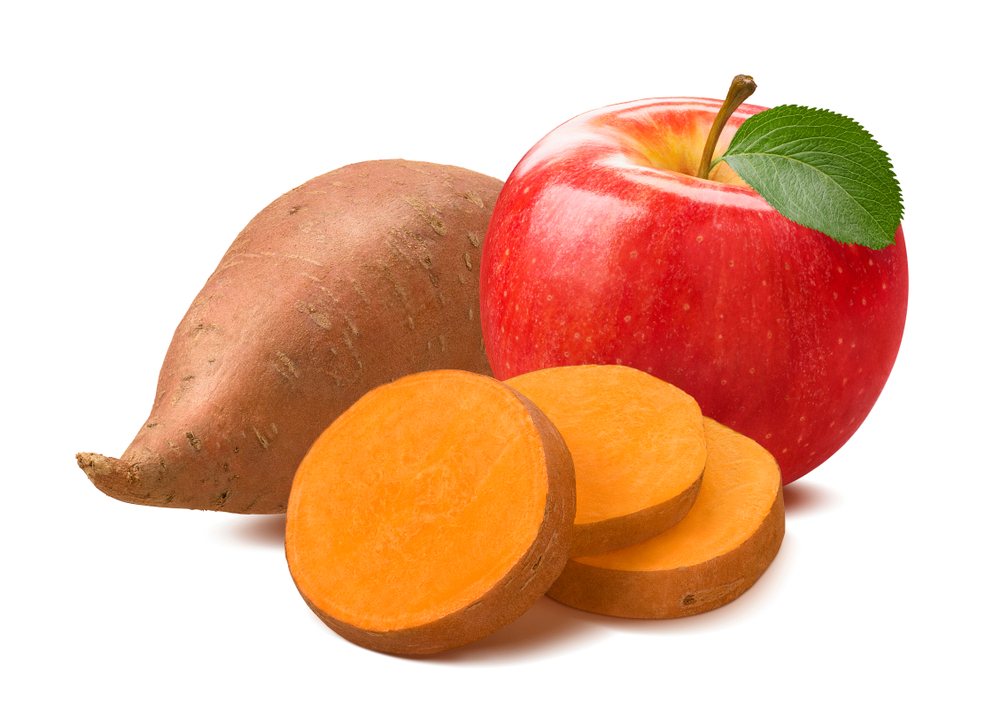 Sweet,Potato,Slices,And,Red,Apple,Isolated,On,White,Background.