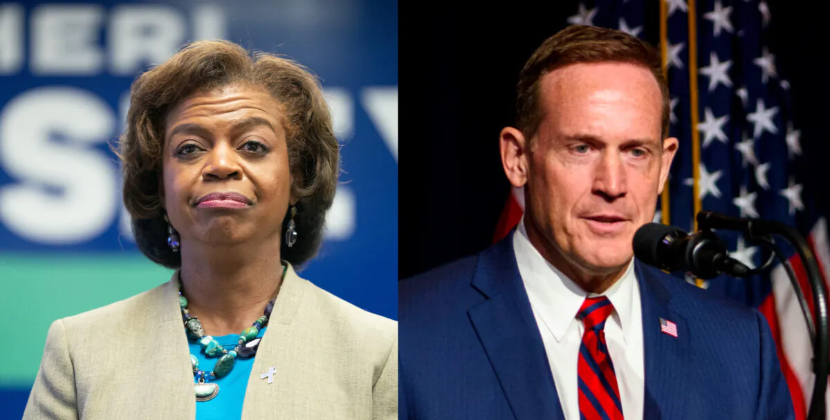 (Left) Democratic candidate for U.S. Senate Cheri Beasley speaks at a canvassing event in Greensboro, N.C., on Nov. 7, 2022. (Right) Republican U.S. Senate candidate Ted Budd speaks at the NCGOP state convention in Greenville, N.C., on June 5, 2021. (Sean Rayford/Getty Images; Melissa Sue Gerrits/Getty Images)