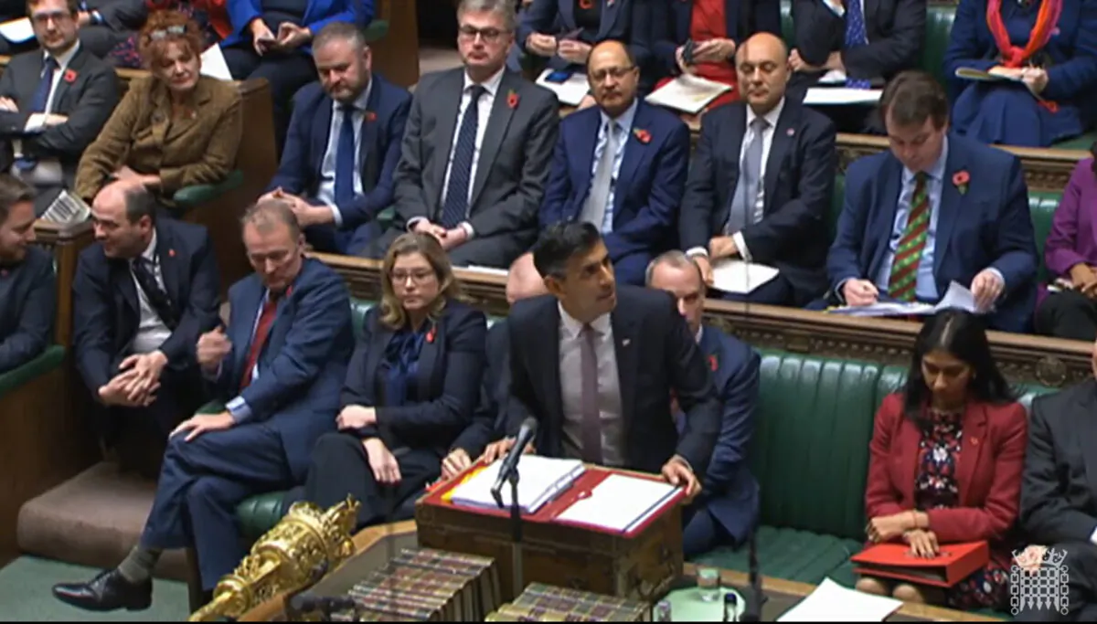 Prime Minister Rishi Sunak speaks during Prime Minister's Questions in the House of Commons, London, on Nov. 9, 2022. (House of Commons via PA Media)