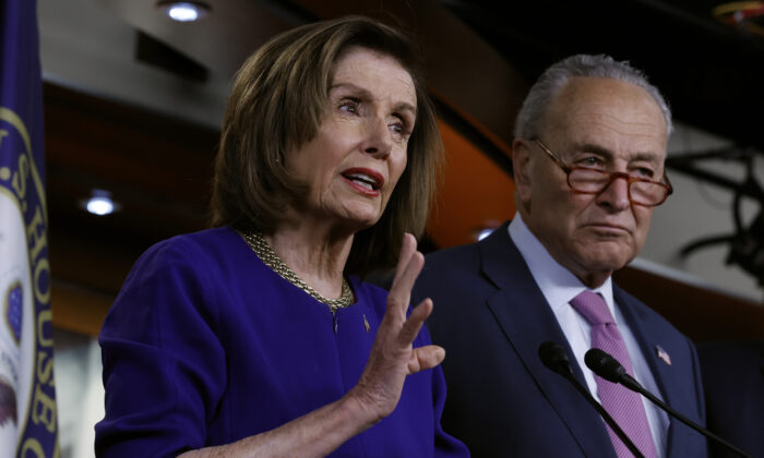 U.S. House Speaker Nancy Pelosi (L) and Senate Majority Leader Charles Schumer outline their legislative efforts to lower fuel prices during a news conference in the U.S. Capitol Visitors Center in Washington, D.C., on April 28, 2022. (Chip Somodevilla/Getty Images)