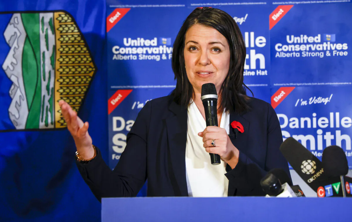 UCP Leader and Alberta Premier Danielle Smith celebrates her win in a byelection in Medicine Hat, Alta., on Nov. 8, 2022. (The Canadian Press/Jeff McIntosh)
