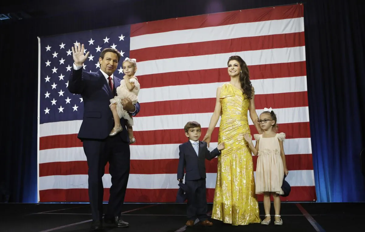 Florida Gov. Ron DeSantis, his wife Casey DeSantis, and their children walk on stage to celebrate victory over Democratic gubernatorial candidate Rep. Charlie Crist during an election night watch party at the Tampa Convention Center in Tampa, Fla., on Nov. 8, 2022. (Octavio Jones/Getty Images)