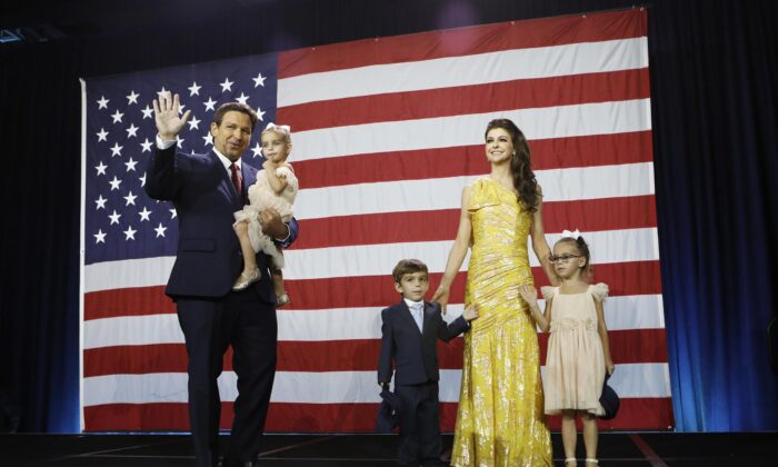 Florida Gov. Ron DeSantis, his wife Casey DeSantis, and their children walk on stage to celebrate victory over Democratic gubernatorial candidate Rep. Charlie Crist during an election night watch party at the Tampa Convention Center in Tampa, Fla., on Nov. 8, 2022. (Octavio Jones/Getty Images)