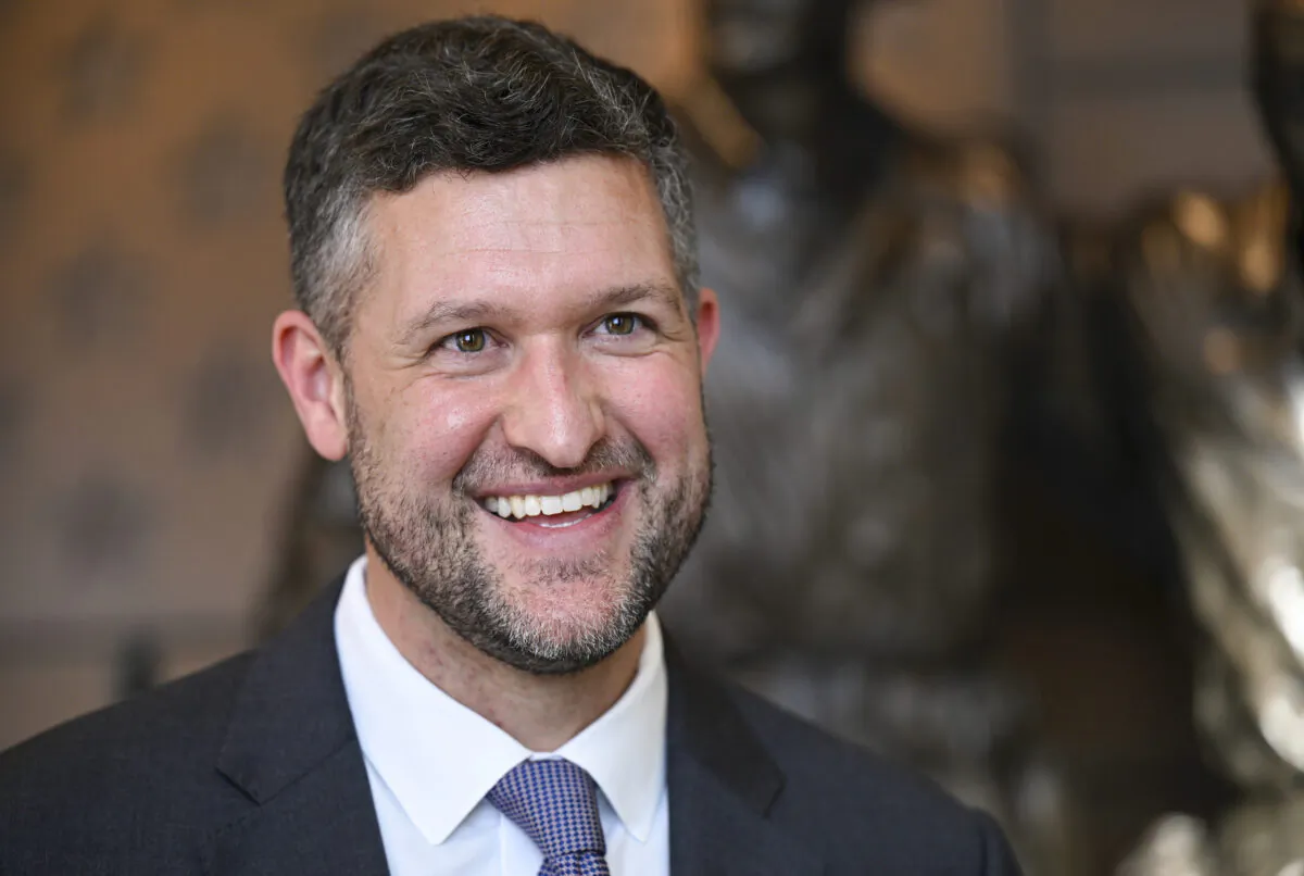Rep. Pat Ryan (D-N.Y.) speaks to reporters at the National Purple Heart Museum in New Windsor, N.Y., on Nov. 2, 2022. (AP Photo/Hans Pennink)