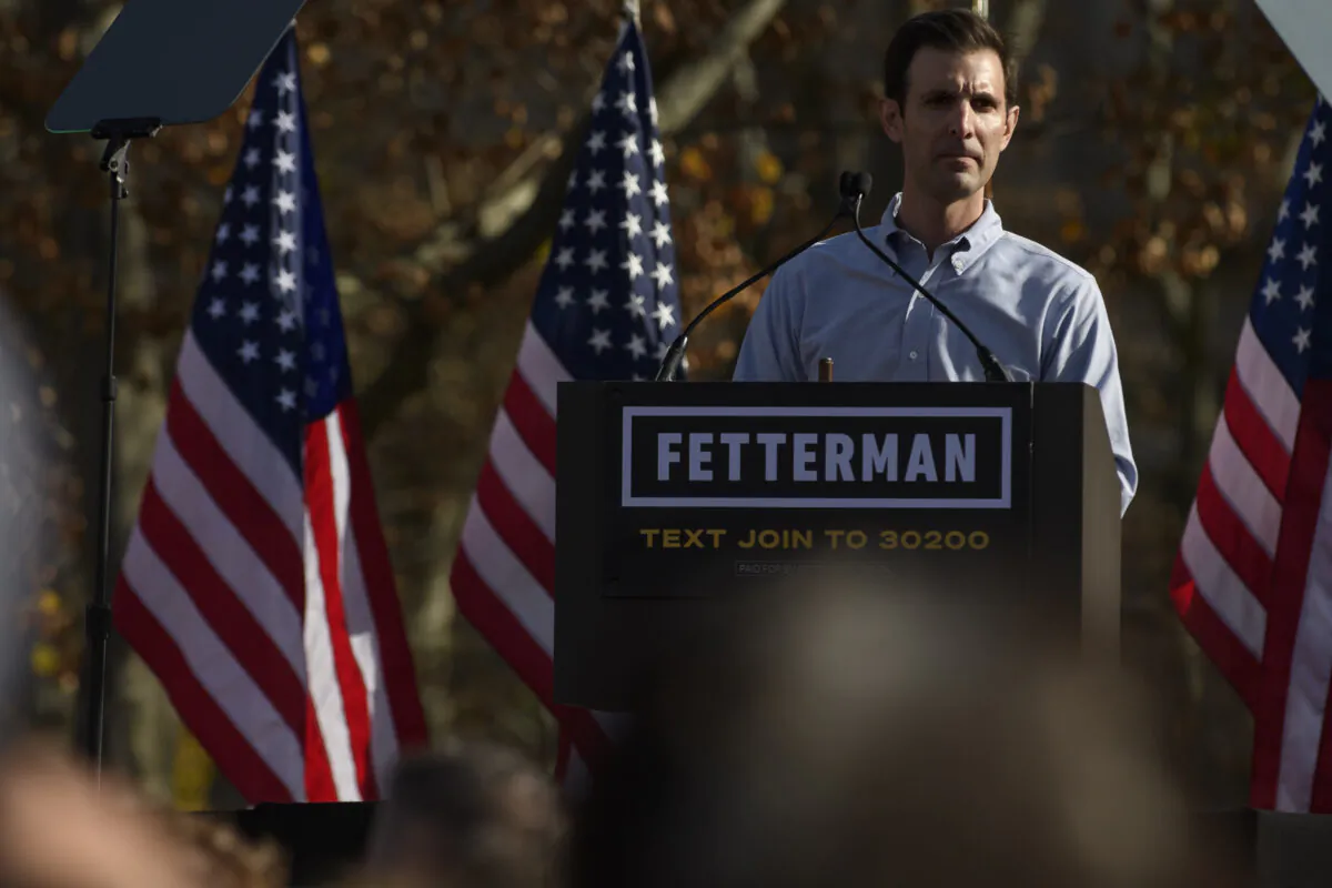 Pennsylvania Democratic nominee for Congress from the 17th District (PA), Chris Deluzio speaks before Democratic Pennsylvania Senate nominee John Fetterman at Schenley Plaza on the campus of the University of Pittsburgh to hear their candidate and Former U.S. President Barack Obama on November 5, 2022 in Pittsburgh, Pennsylvania. (Jeff Swensen/Getty Images)