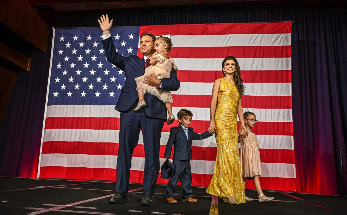 Florida Governor Ron DeSantis with his wife Casey DeSantis and children Madison, Mason and Mamie, waves to the crowd during an election night watch party at the Convention Center in Tampa, Florida, on Nov. 8, 2022. (Giorgio Viera/Getty Images)