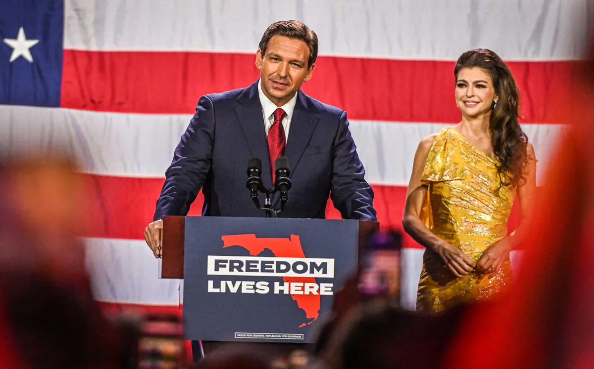 Republican gubernatorial candidate for Florida Ron DeSantis with his wife Casey DeSantis speaks during an election night watch party at the Convention Center in Tampa, Fla., on Nov. 8, 2022. (Giorgio Viera/AFP via Getty Images)