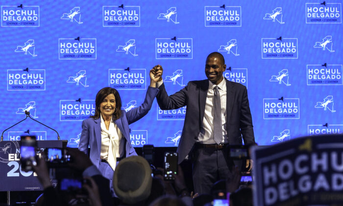 New York Gov. Kathy Hochul and Lt. Gov. Antonio Delgado celebrate their win during an election night party during on November 8, 2022 in New York City. Gov. Kathy Hochul defeated Republican challenger Lee Zeldin to become the state's first woman to be elected governor. (Alex Kent/Getty Images)
