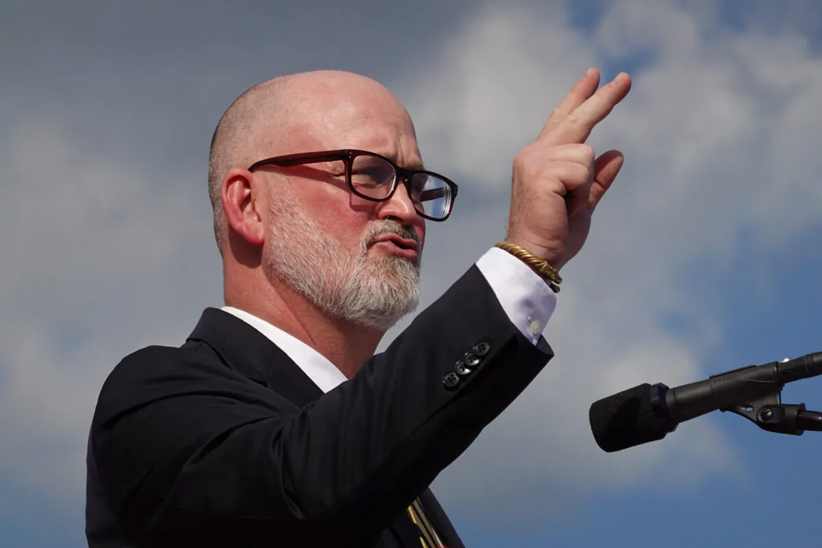 Derrick Van Orden, congressional candidate for Wisconsin's 3rd Congressional District, speaks to guests during a rally hosted by former President Donald Trump in Waukesha, Wis., on Aug. 5, 2022. (Scott Olson/Getty Images)