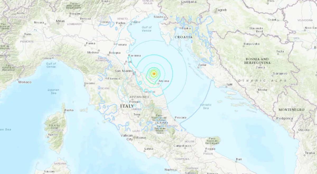 A map showing the location of an earthquake off Italy's Adriatic coast on Nov. 9, 2022. (USGS/Screenshot via The Epoch Times)