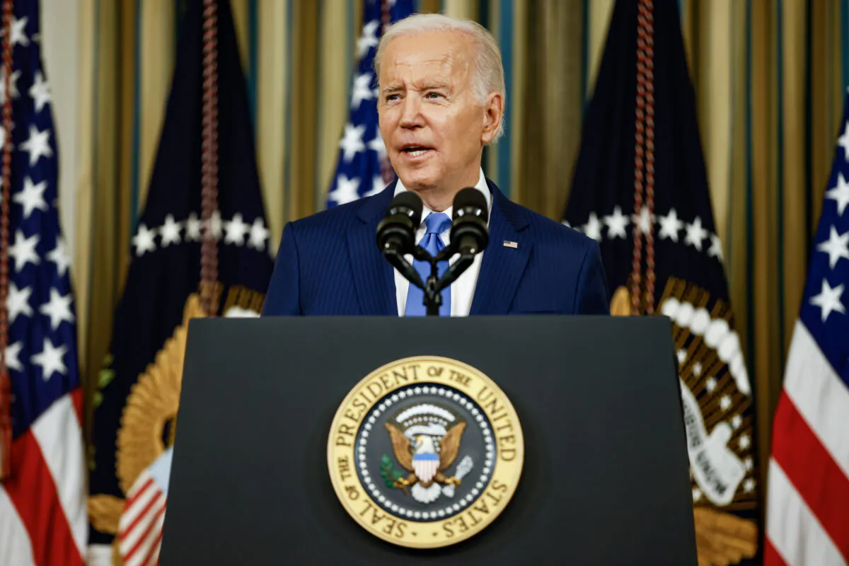 President Joe Biden delivers remarks in the State Dining Room at the White House in Washington, on Nov. 9, 2022. (Samuel Corum/Getty Images)