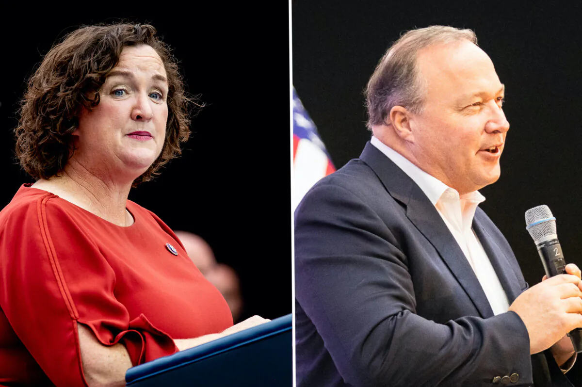 (L) Congresswoman Katie Porter speaks in Irvine, Calif., on Oct. 14, 2022. (R) Congressional candidate Scott Baugh speaks in Huntington Beach, Calif., on Oct. 27, 2022. (John Fredricks/The Epoch Times)