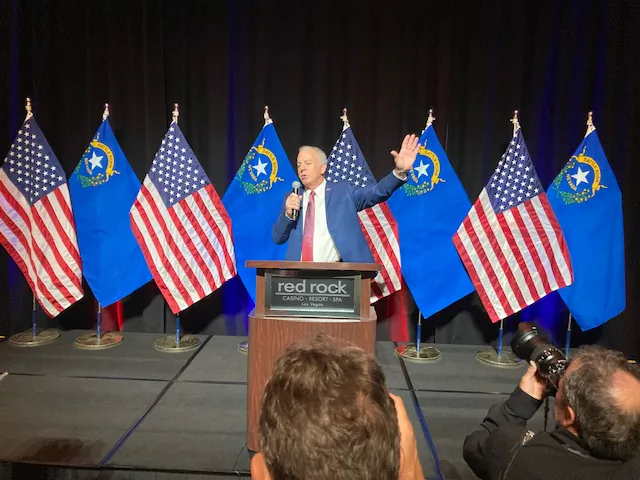 Clark County Sheriff Joe Lombardo tells supporters at The Red Rock Casino near Las Vegas on Nov. 8 that results in his tossup gubernatorial race against incumbent Democrat Sen. Catherine Cortez Masto may not be available for several days. (John Haughey/The Epoch Times)