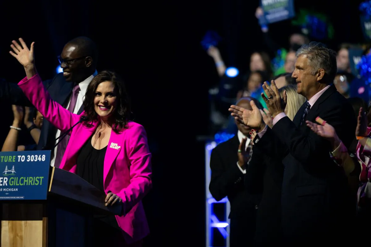 Democratic Gov. Gretchen Whitmer (L) celebrates her reelection in Detroit, Mich., along with Michigan Democrats winning both chambers of the state’s legislature for the first time in 40 years. (Brandon Bell/Getty Images)
