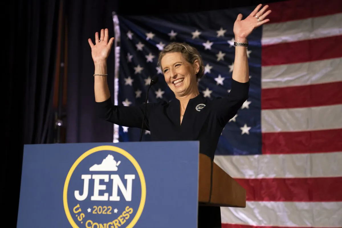 Republican congressional nominee Jen Kiggans, a Virginia state senator, celebrates her win during an election night event in Virginia Beach, Va., on Nov. 8, 2022. (Nathan Howard/Getty Images)