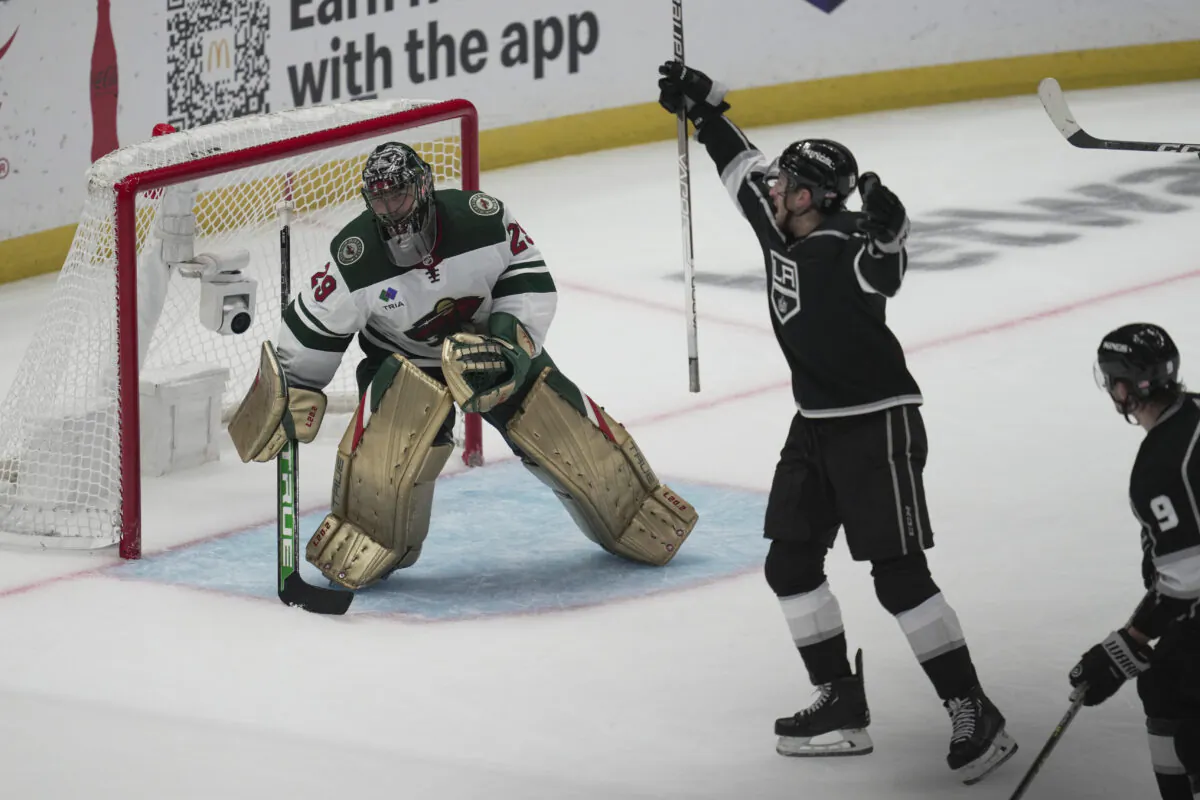 Minnesota Wild goaltender Marc-Andre Fleury (29) reacts as Los Angeles Kings center Gabriel Vilardi (13) celebrates after scoring during the third period of an NHL hockey game in Los Angeles, on Nov. 8, 2022. (Ashley Landis/AP Photo)