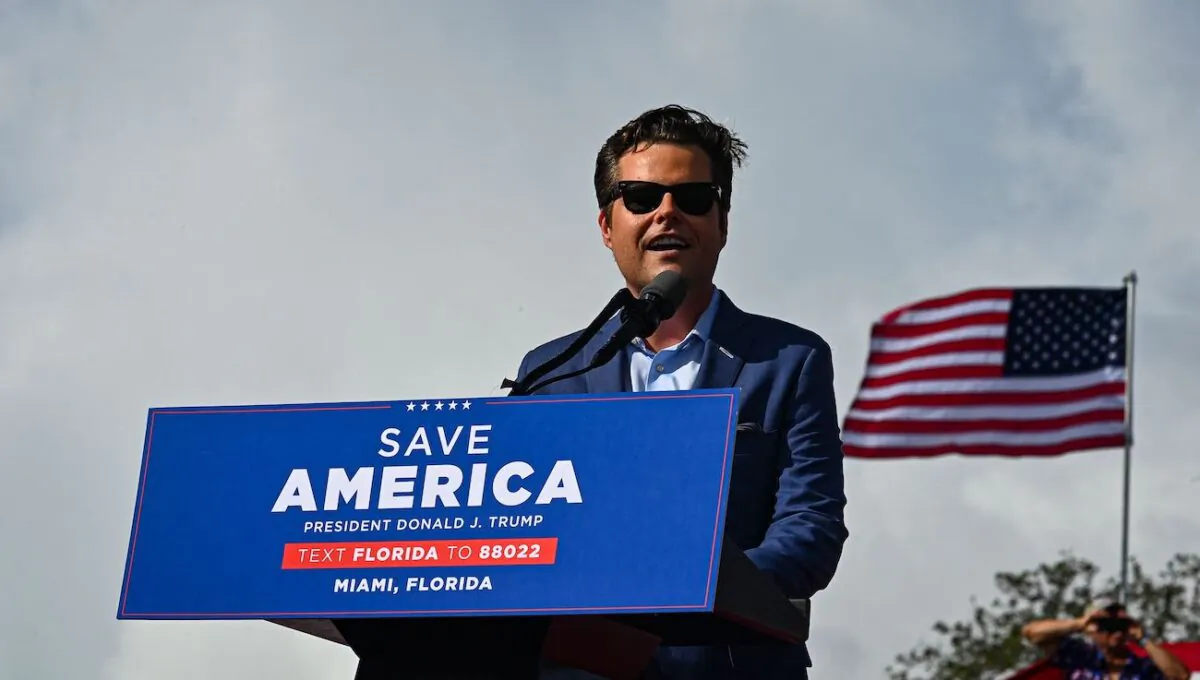 U.S. Rep. for Florida's 1st Congressional District Matt Gaetz speaks during a "Save America" rally in support of U.S. Sen. Marco Rubio (R-Fla.) ahead of the midterm elections at Miami-Dade County Fair and Exposition in Miami, Fla., on Nov. 6, 2022. (Eva Marie Uzcategui/AFP via Getty Images)