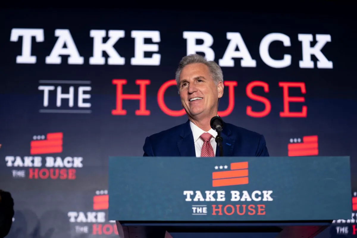 House Minority Leader Rep. Kevin McCarthy (R-CA) delivers remarks to supporters during a watch party at the Westin Hotel in Washington on Nov. 9, 2022. (Sarah Silbiger/Getty Images)