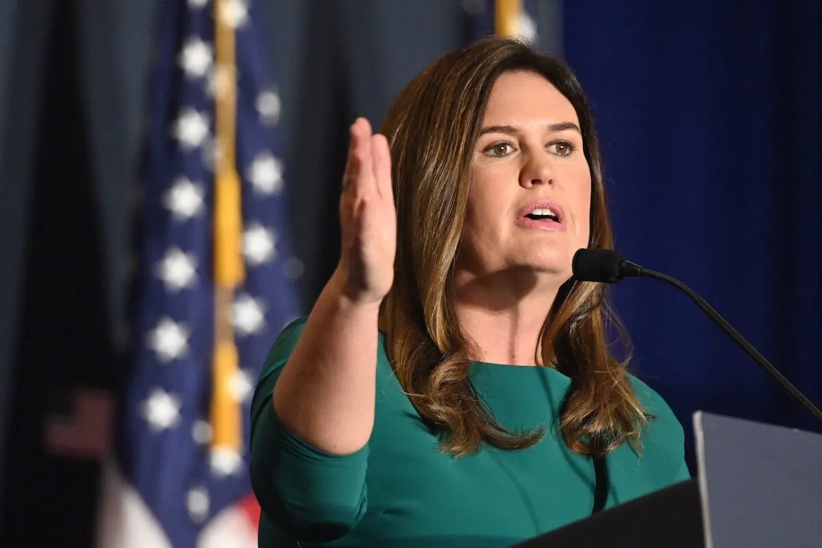 Arkansas Gov. Sarah Huckabee Sanders, here speaking at the America First Policy Institute Agenda Summit in Washington in July 2022, presented a stark, and searing, juxtaposition between a “new generation of Republican leadership” and the Biden administration in her rebuttal to President Joe Biden’s Feb. 7 State of the Union address. (Mandel Ngan/AFP via Getty Images)