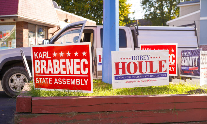 A lawn sign supporting Karl Branenec for New York State Assembly in Port Jervis, N.Y. on Oct. 21, 2022. (Cara Ding/The Epoch Times)