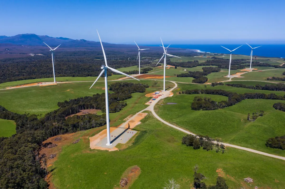 A supplied image obtained on Nov. 27, 2020, of a wind farm at Granville Harbour in Tasmania, Australia. (AAP Image/Courtesy of Granville Harbour Wind Farm) 
