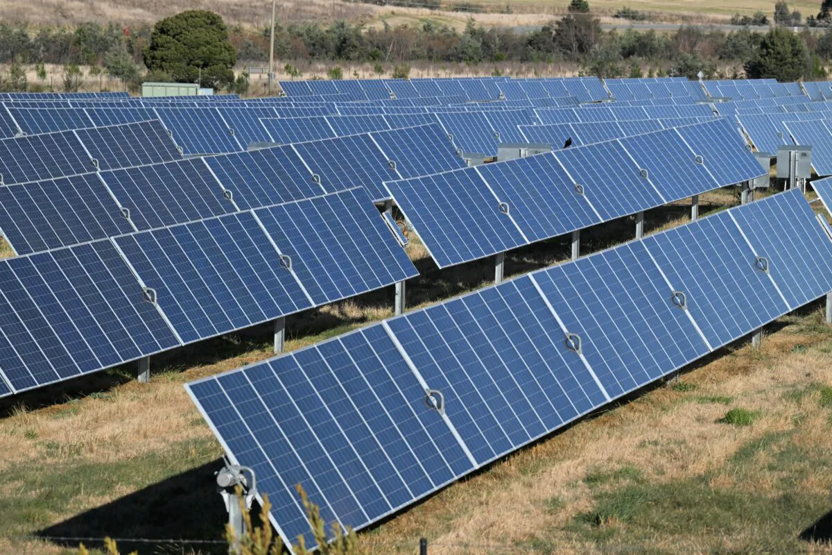 Solar panels are seen at solar farm on the northern outskirts of Canberra, Australia on June 15, 2022. (AAP Image/Mick Tsikas)