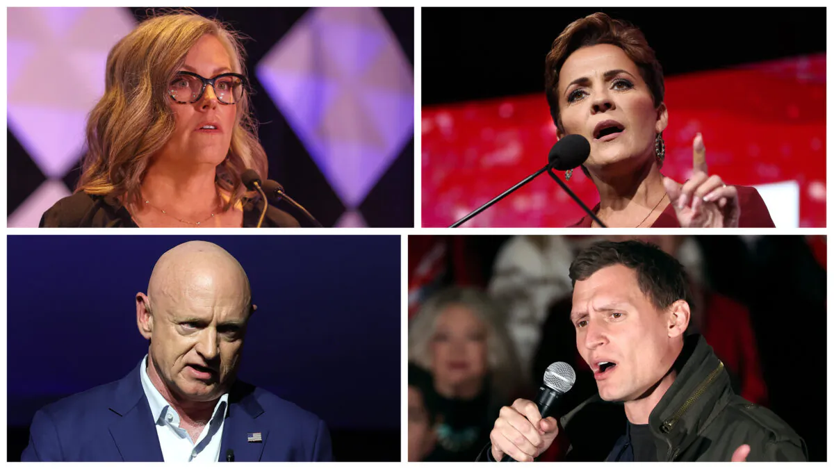 L-R top, Arizona gubernatorial candidates Katie Hobbs and Kari Lake; L-R bottom, Arizona U.S. Senate candidates Sen. Mark Kelly and Blake Masters. (Christian Petersen, Justin Sullivan, Kevin Dietsch, Justin Sullivan/Getty Images)
