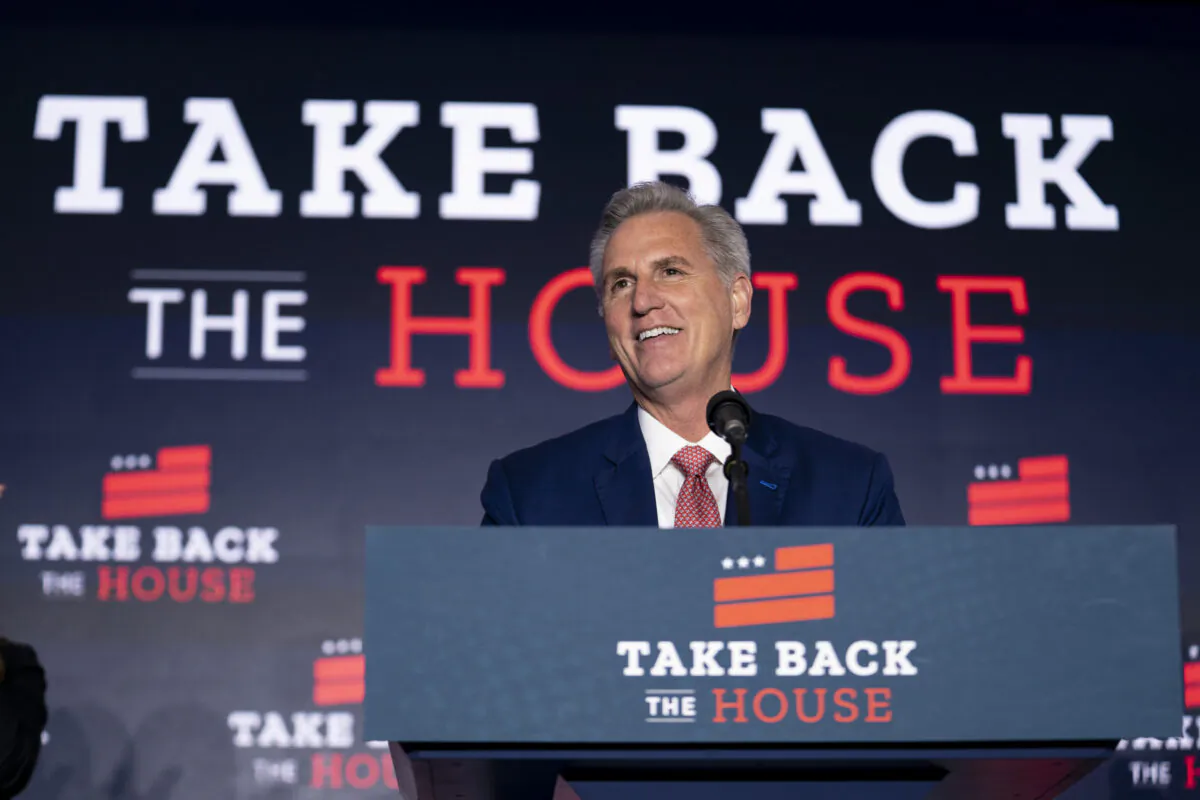 House Minority Leader Rep. Kevin McCarthy (R-Calif.) delivers remarks to supporters during a watch party at the Westin Hotel in Washington, D.C., on Nov. 9, 2022. (Sarah Silbiger/Getty Images)