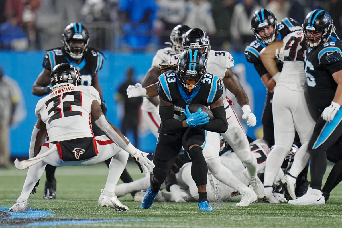 Carolina Panthers running back D'Onta Foreman runs against the Atlanta Falcons during the first half of an NFL football game in Charlotte, N.C., on Nov. 10, 2022. (Rusty Jones/AP Photo)