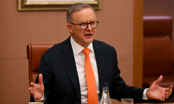 Australian Prime Minister Anthony Albanese speaks during a meeting at Parliament House in Canberra, Australia, on Oct. 18, 2022. (Lukas Coch-Pool/Getty Images)