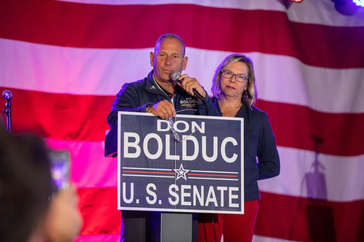 Republican candidate for Senator Don Bolduc, joined by his wife Sharon, speaks to supporters at an election night party on in Manchester, N.H. on Nov. 8, 2022. Bolduc announced to his supporters that he lost the election to incumbent Democratic Senator Maggie Hassan. (Scott Eisen/Getty Images)