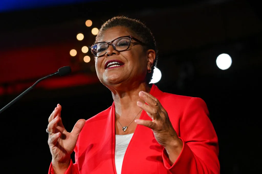 Los Angeles mayoral candidate and Rep. Karen Bass (D-Calif.) speaks during an election night party with the Los Angeles County Democratic Party at the Hollywood Palladium in Los Angeles on Nov. 8, 2022. (Patrick T. Fallon/AFP via Getty Images)