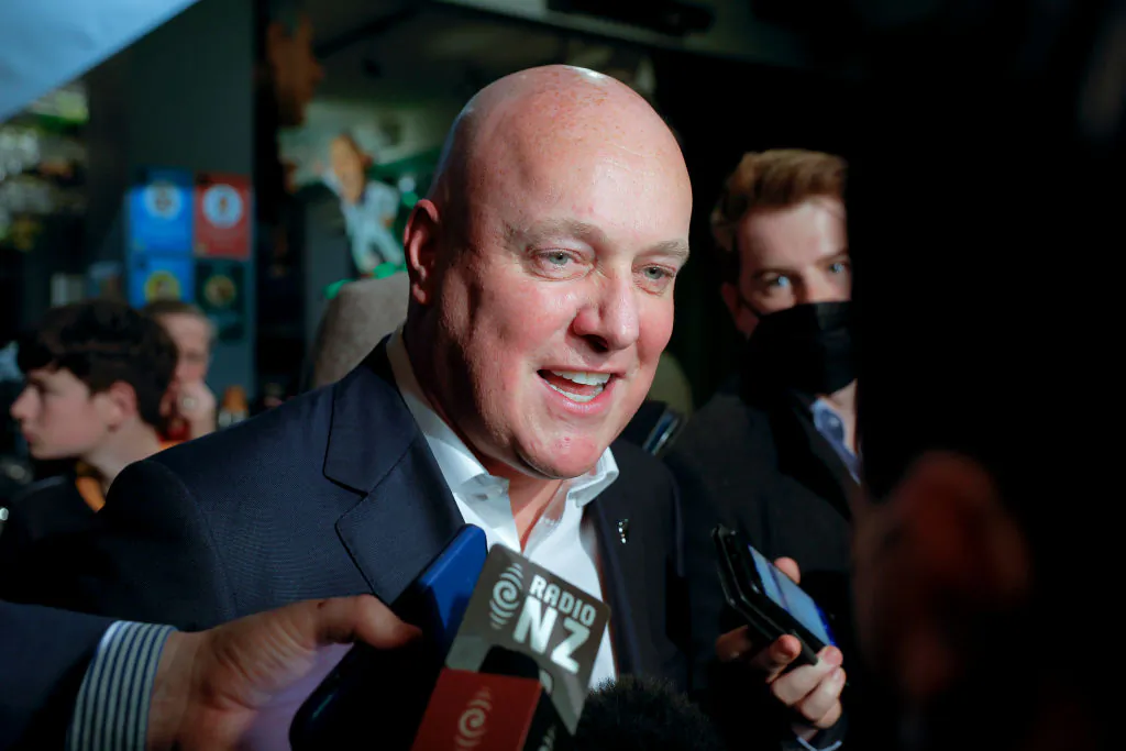 National Party Leader Christopher Luxon speaks to media during an unveiling event at The Backbencher Pub in Wellington, New Zealand, on Aug. 3, 2022. (Hagen Hopkins/Getty Images)