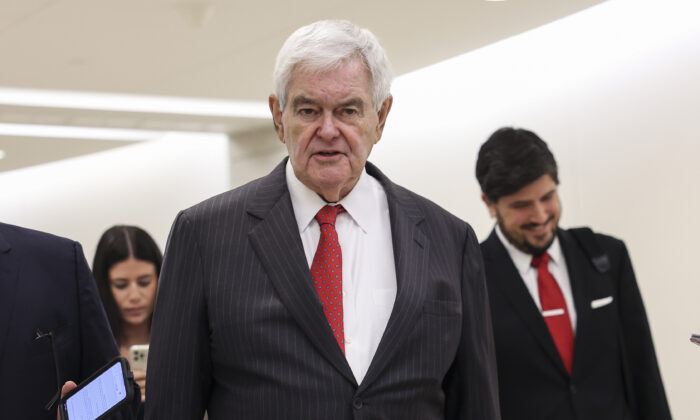 Former Speaker of the House Newt Gingrich (R-Ga.) talks to reporters at the U.S. Capitol in Washington, on Sept. 22, 2022. (Kevin Dietsch/Getty Images)