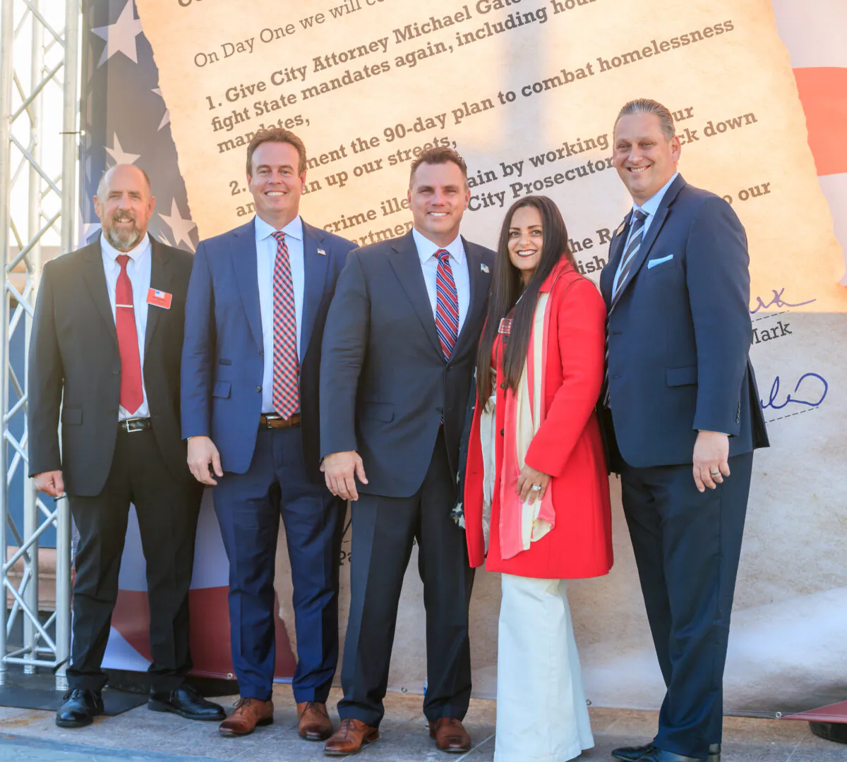 (L-R) Pat Burns, Casey McKeon, City Attorney Michael Gates, Gracey Van Der Mark, and Tony Strickland at a campaign rally at the Pier Plaza in Huntington Beach, Calif., on Oct. 27, 2022. (Courtesy of Joe Katchka)